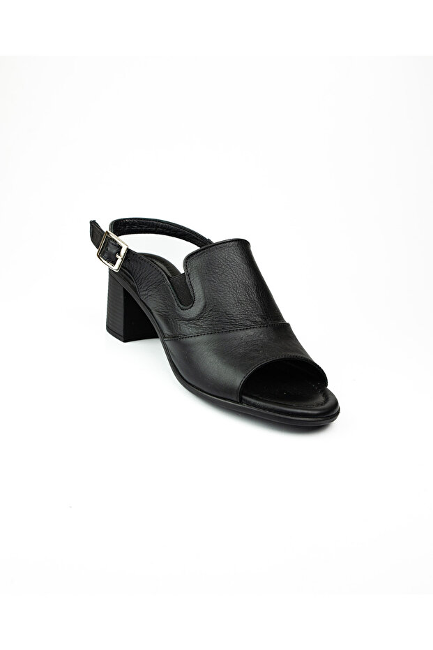 1544 Black Leather Heeled Casual Women's Sandals