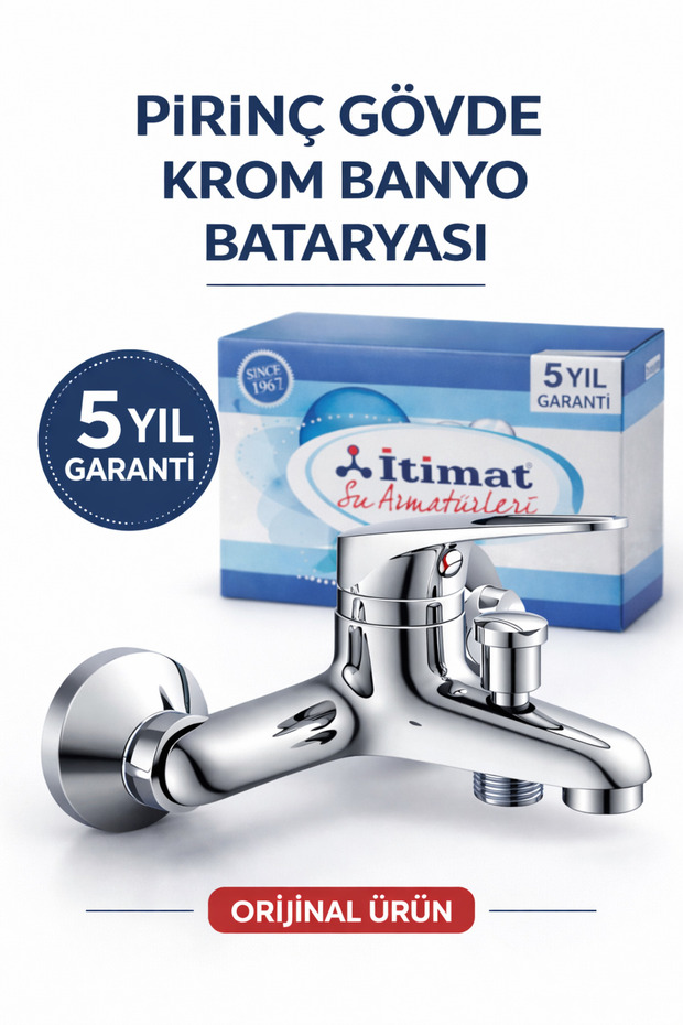 İtimat Bathroom Faucet with Shower Outlet, Brass Body, Chrome Plated, Wall Mounted, 5 Years Warranty