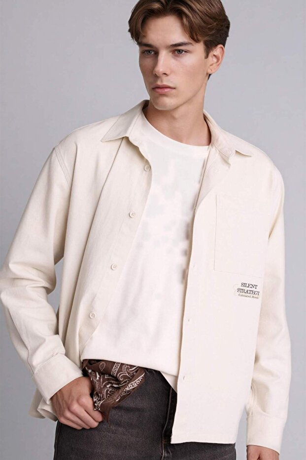 100% Cotton Boxy Fit Polo Collar Printed Long Sleeve Shirt F9368Ax26Sp