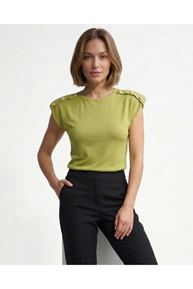 New Product Cotton Textured Padded Blouse with Button Detail