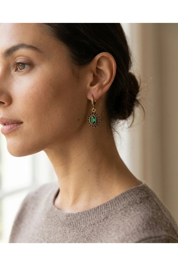 Bronze Earrings Authentic Jewelry Green Emerald Crystal Stone Oval Lace Model Vintage Women's Earrings