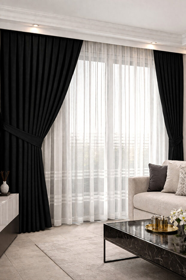 Black Island Backdrop Curtain 1/3 Dense Pleated Thick Fabric Dense Textured Backdrop Curtain