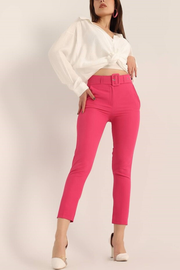 Fuchsia Belted Atlas Dabıl Fabric Carrot Trousers 100 cm