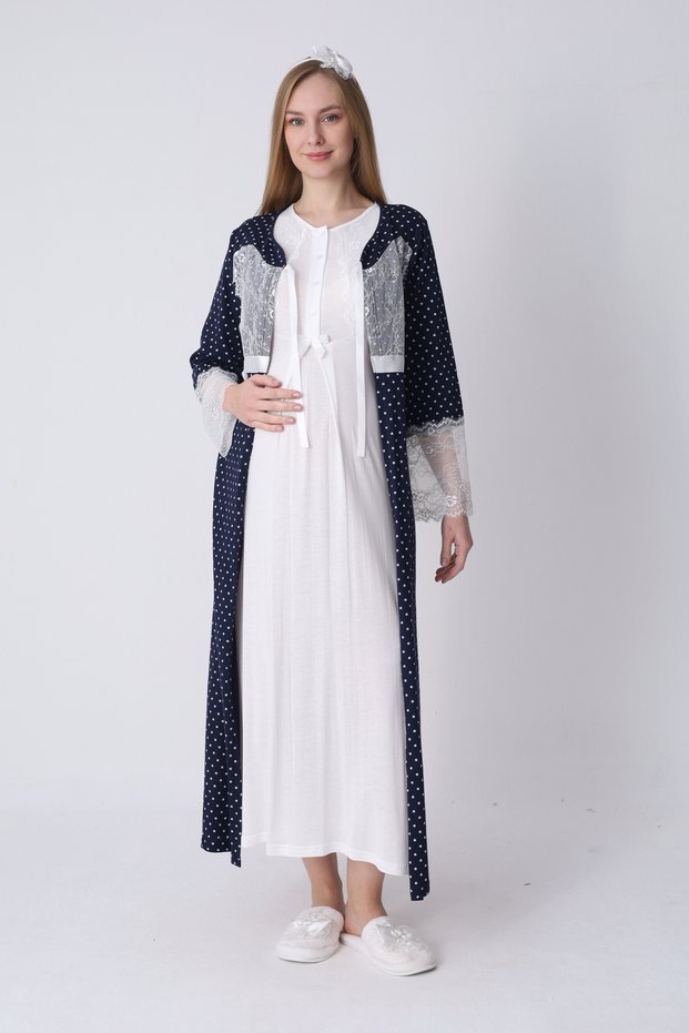 Maternity Nightgown and Dressing Gown Set – Maternity Nightgown Set, Polka Dot Lace Detailed Cotton Viscose
