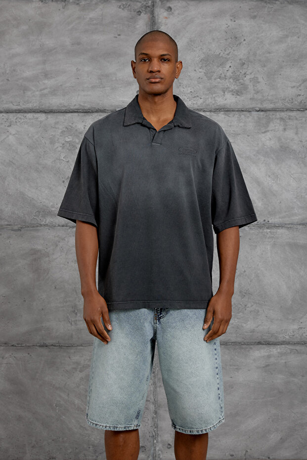 Men's T-Shirt Polo Collar Washable Smoked Oversize Cotton