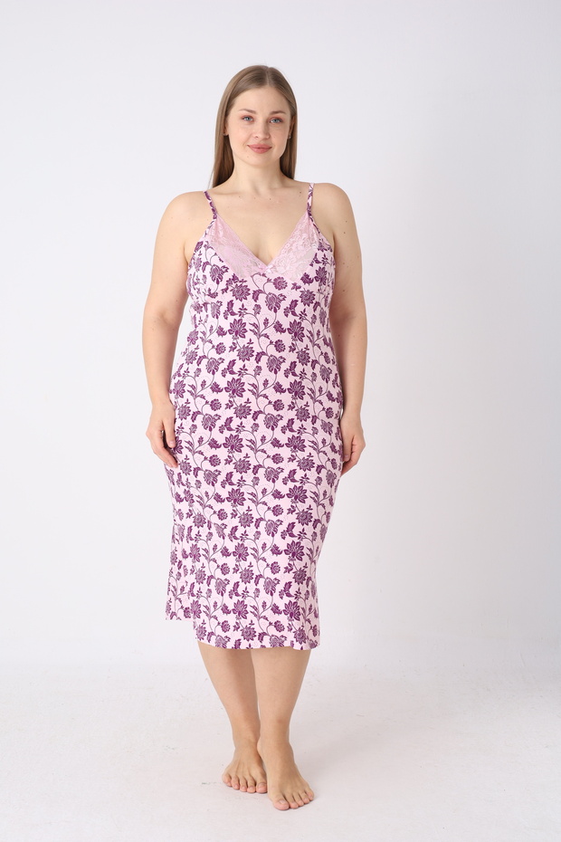 Premium Patterned Ring Viscose Soft Textured Lace Detailed Strap Home Dress & Nightgown