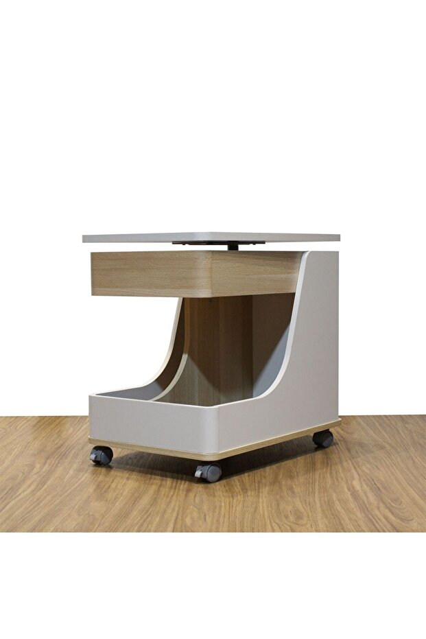 Tavira Side Table With Shelves And Revolving Top - Light Grey/Oak