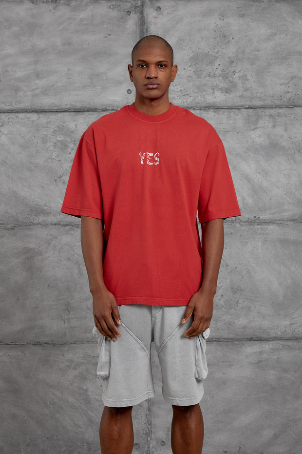 Men's T-Shirt Yes Print Washable Red Oversize Printed Crew Neck Cotton