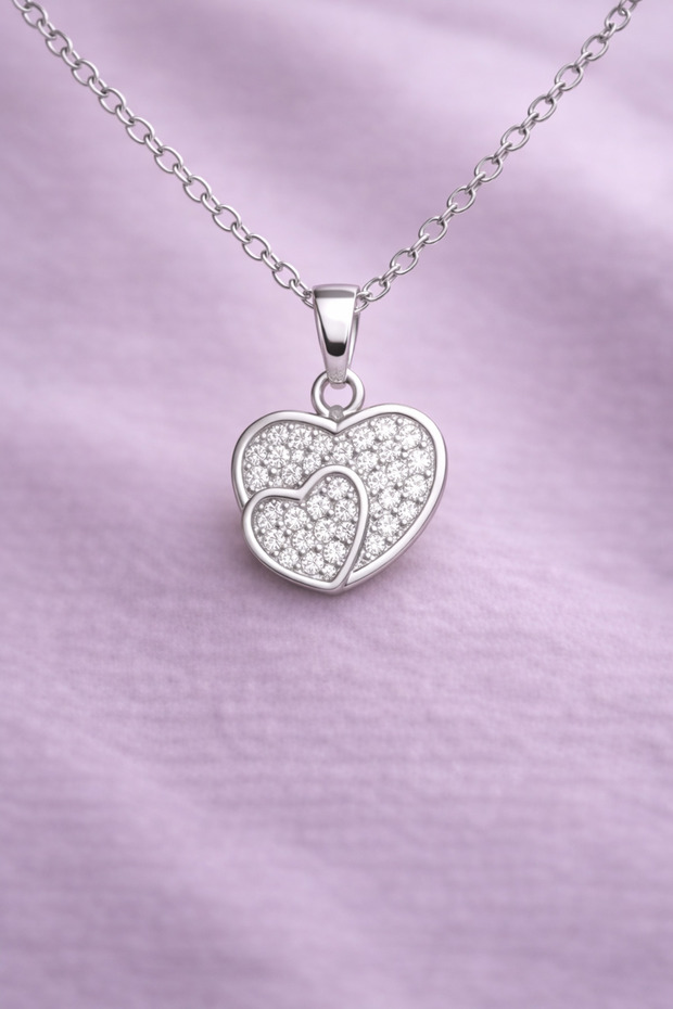 Double Heart Figured Silver Color Necklace with Shiny Stone Detail