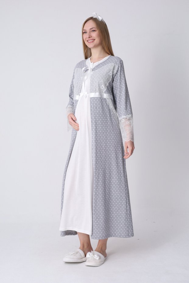 Maternity Nightgown and Dressing Gown Set – Maternity Nightgown Set, Polka Dot Lace Detailed Cotton Viscose