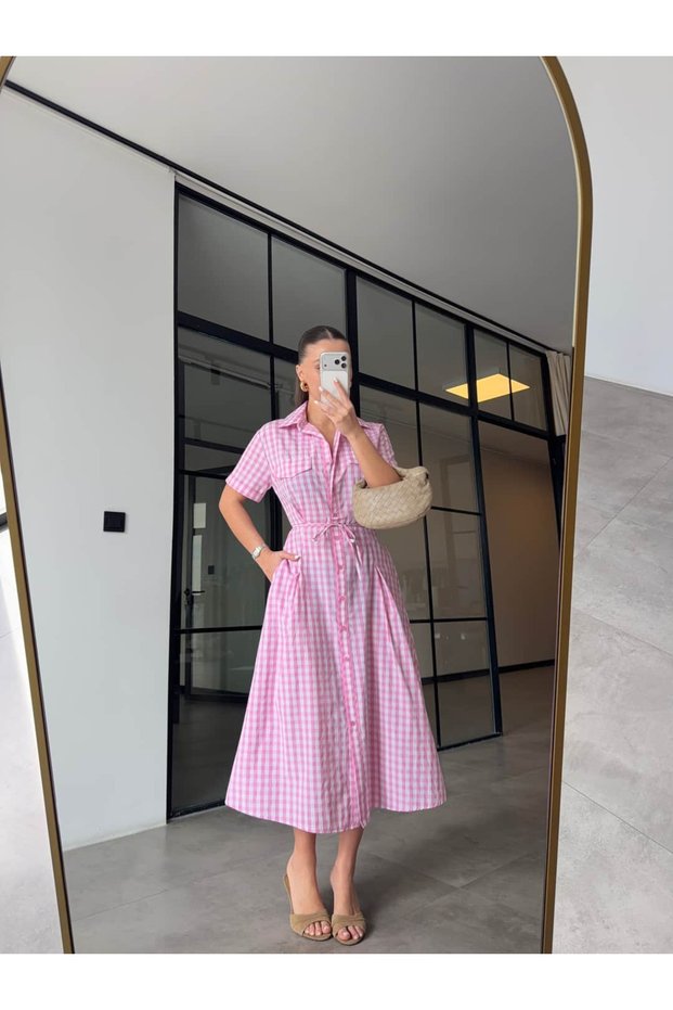Plaid Shirt Dress with Pensil Skirt Pink