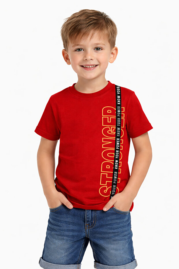 Boy's Stronger Text Patterned Red Color T-Shirt