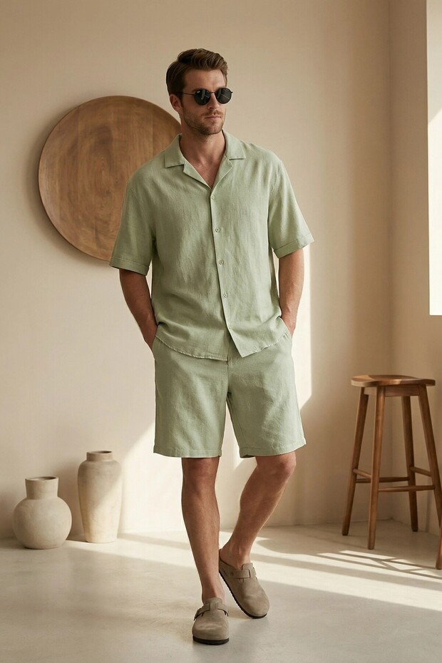Men's Short Sleeve Shirt & Shorts Green Bottom Top Linen Set Ls-6721