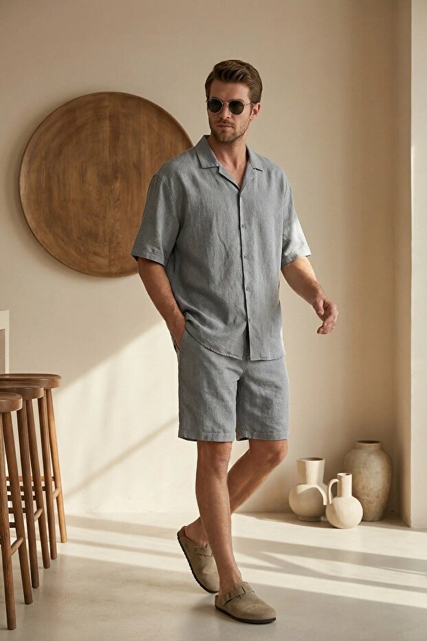 Men's Short Sleeve Shirt & Shorts Gray Bottom Top Linen Set Ls-6721