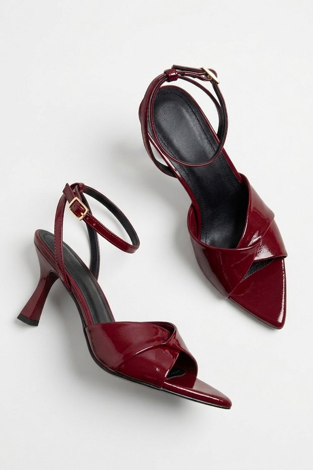 Burgundy Pointed Toe Wrinkled Patent Leather Women's Thin Heeled Evening Dress Shoes