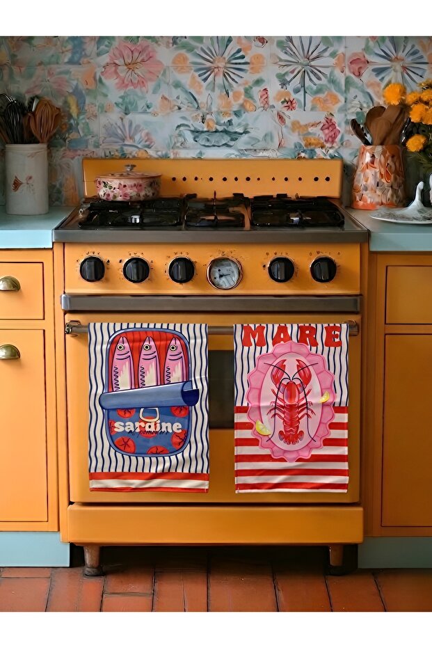 Lobster - Fish Patterned 2-Piece Colorful Kitchen Towel Set - 30X50Cm - 2-Piece Kitchen Towels