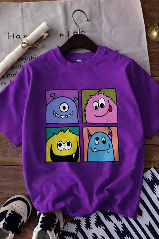 Cute Monster Printed Unisex Children's T-Shirt 6Gh4