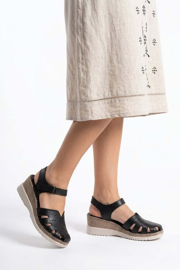 Elit Asirm2613 Women's Genuine Leather Wedge Heel Sandals Black