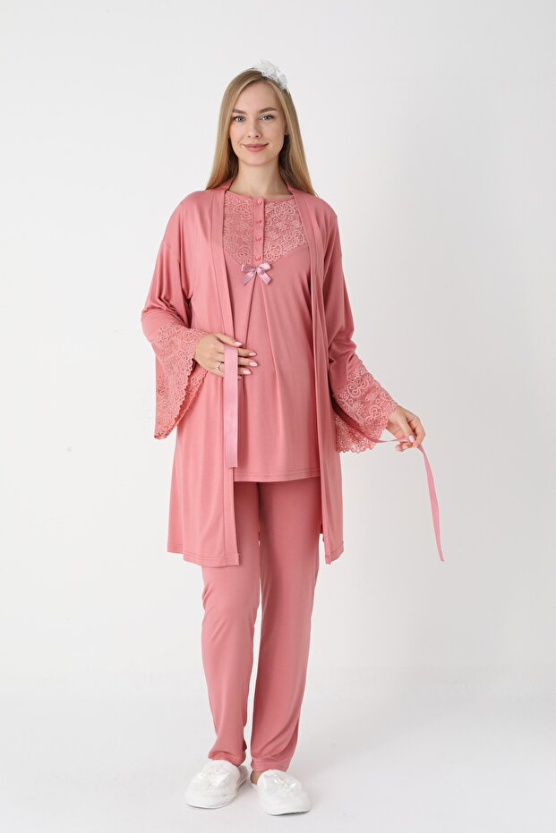 Lace Embroidered Guipure Detailed 3-Piece Maternity Pajama Set - Adjustable Waist Maternity Set