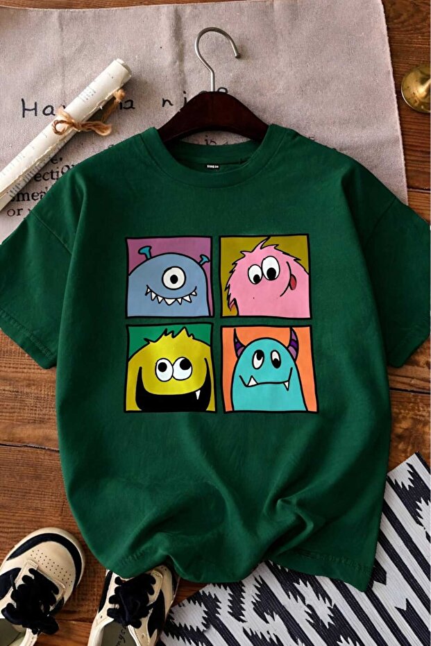 Cute Monster Printed Unisex Children's T-Shirt 6Gh4
