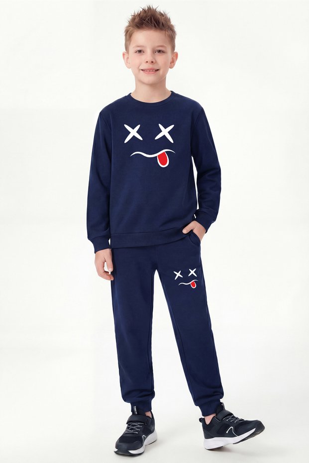 Round Necked Emoji Print Detailed Boys' Tracksuit Set