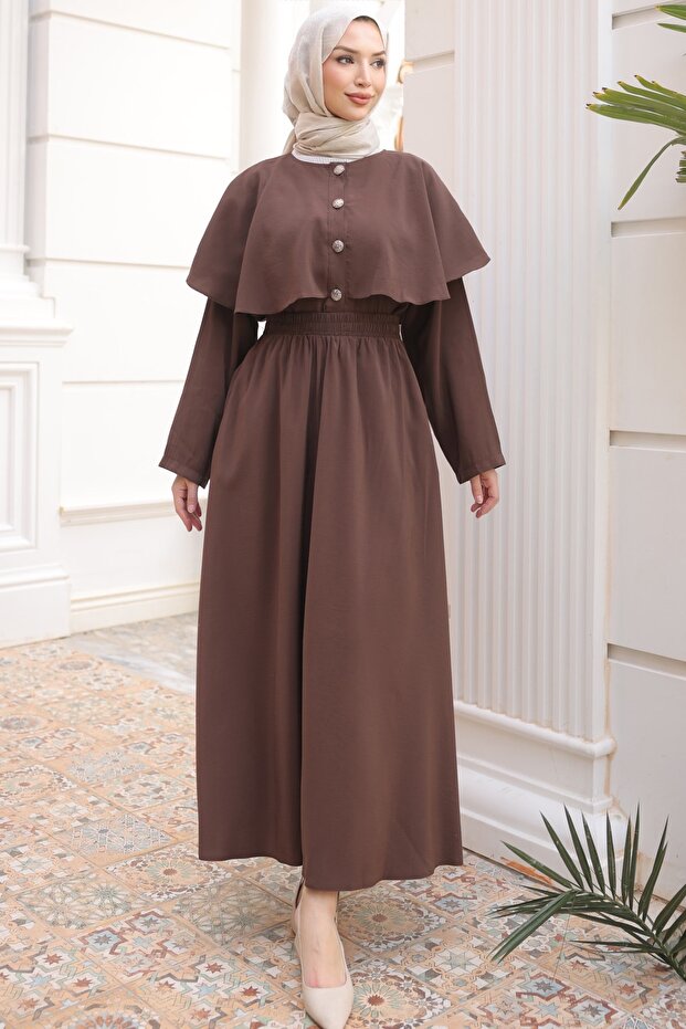 Brown Buttoned Cape Shirt and Skirt Set