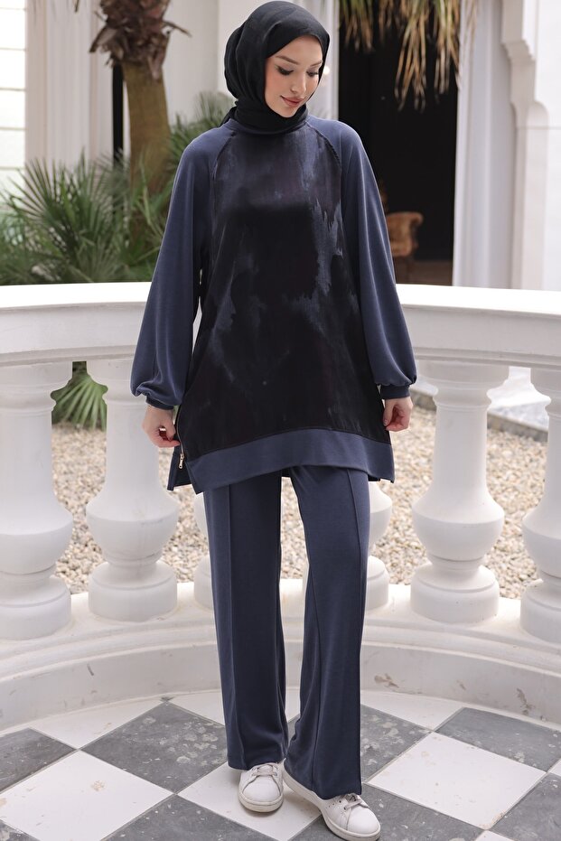 Navy Blue Tunic Zipper Detailed Pants Suit