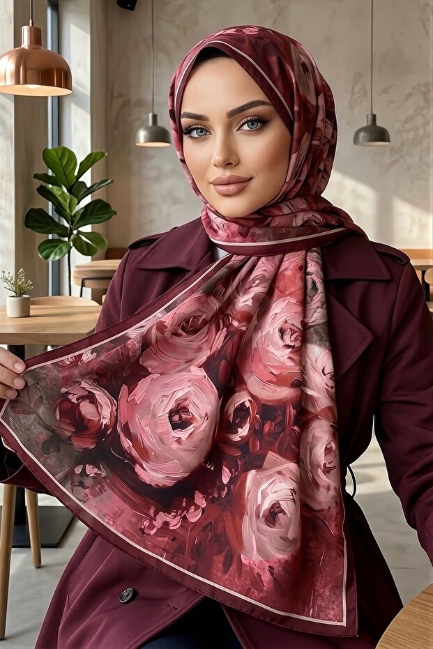 Burgundy Patterned Soft Shawl - 1