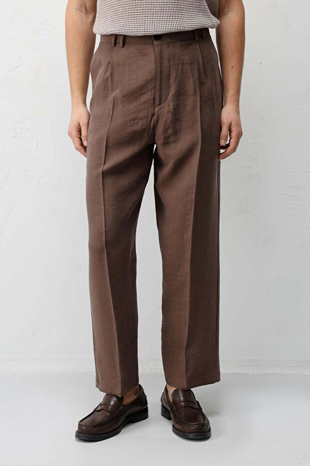 Brown Lyocell Relaxed Fit Pleated Men's Trousers