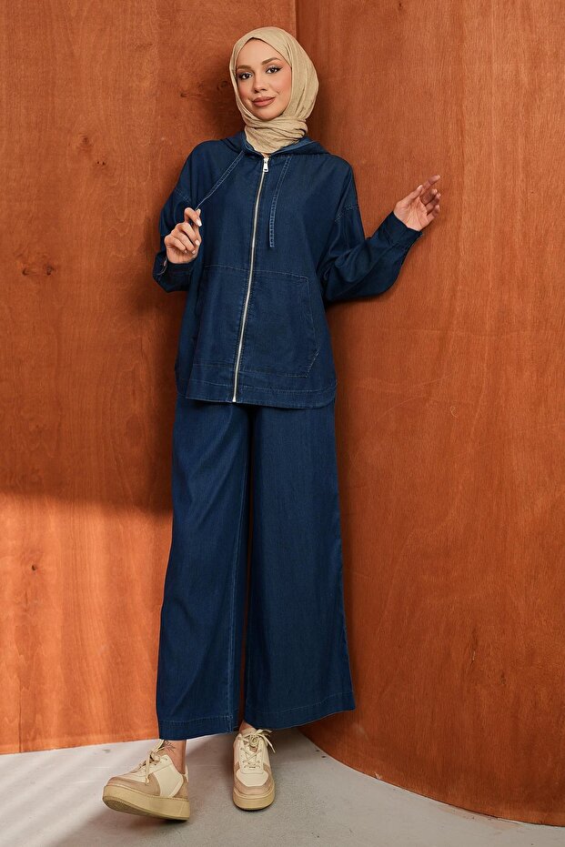 Navy Blue Hooded Tunic and Trousers Denim Set