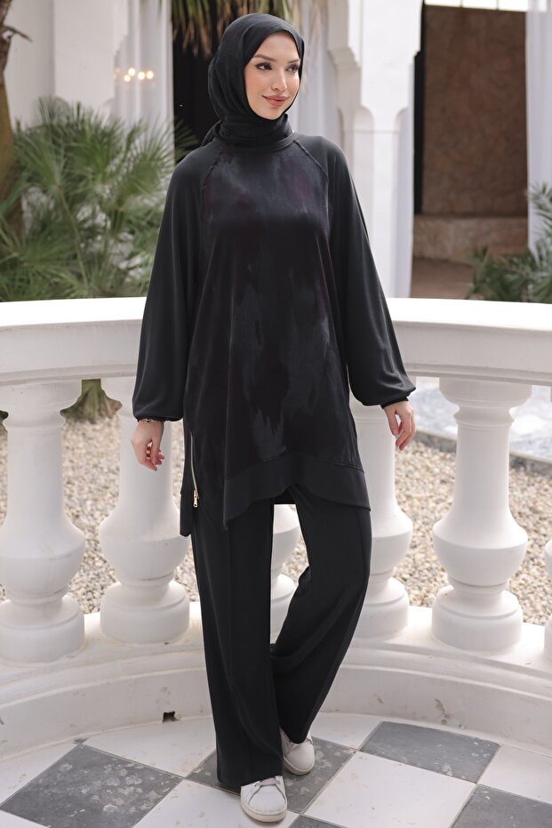 Black Tunic Zipper Detailed Pants Suit