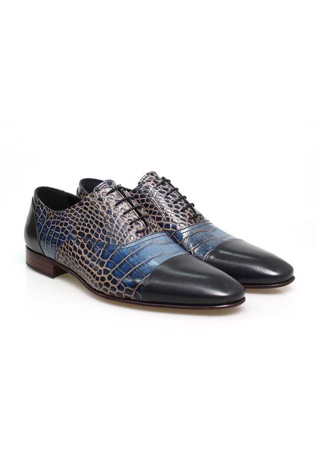 Dark Blue Color Lace-Up Genuine Leather Men's Shoes