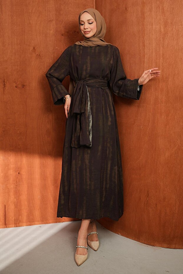 Brown Patterned Dress with Shawl