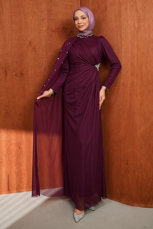 Plum Draped Evening Dress with Pearl Detail