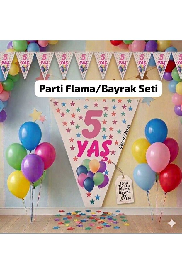 10-Piece Pink Triangle 5 Year Old Pennant Star-Balloon Patterned Birthday Pennant, Party Pennant Flag (22Cmx1.5M)