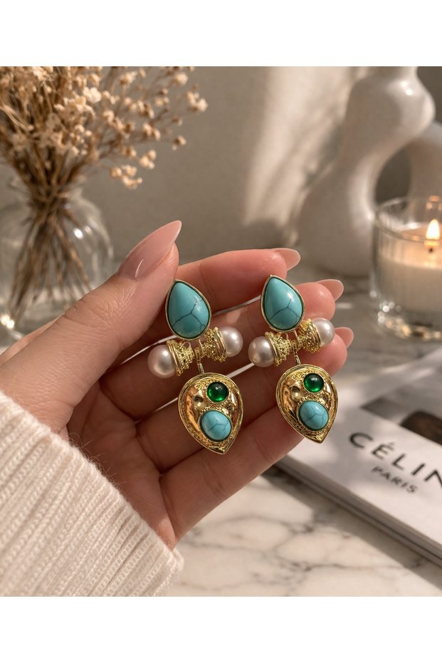 Vintage Turquoise Stone Detailed Gold Earrings with Pearl Accessories (Tarnish-Free, Allergy-Free 316 Steel)