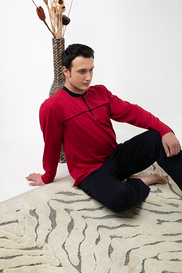 Men's Long Sleeve Buttoned Pocketed Cotton Seasonal Claret Red Pajama Set
