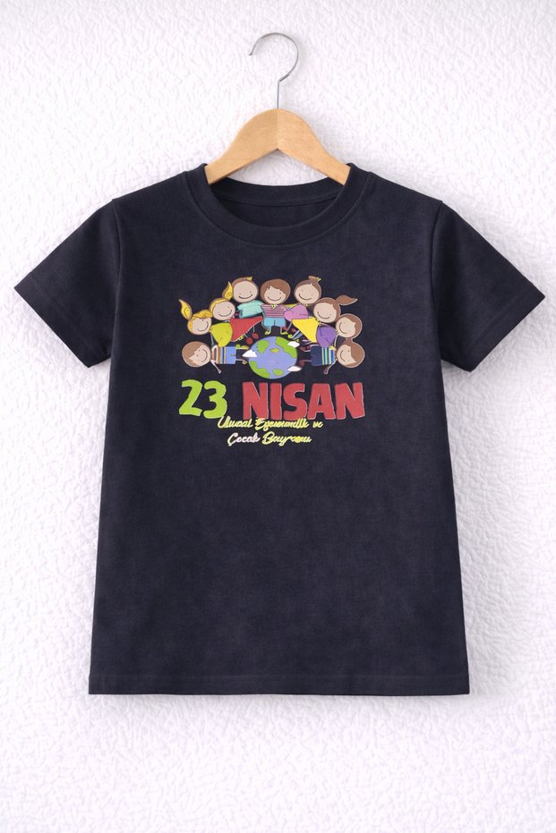23 April Printed Black Short Sleeve Children's T-Shirt