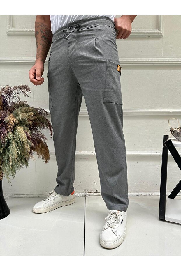 Men's Smoked Fabric Trousers, Relaxed Fit, Elastic Waist, Pockets