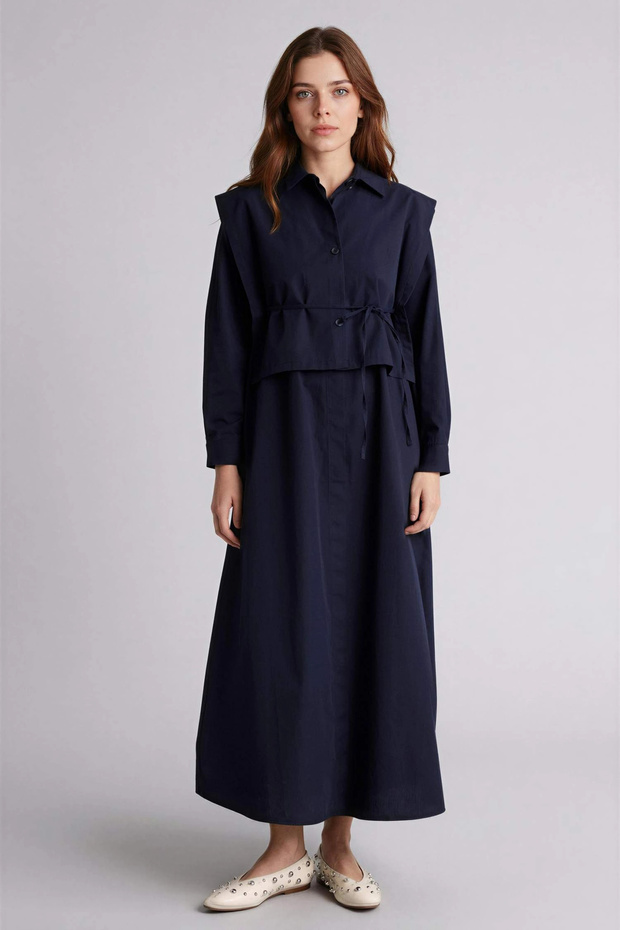 F7382Axnv243 Navy Blue High Neck Poplin Long Sleeve Dress