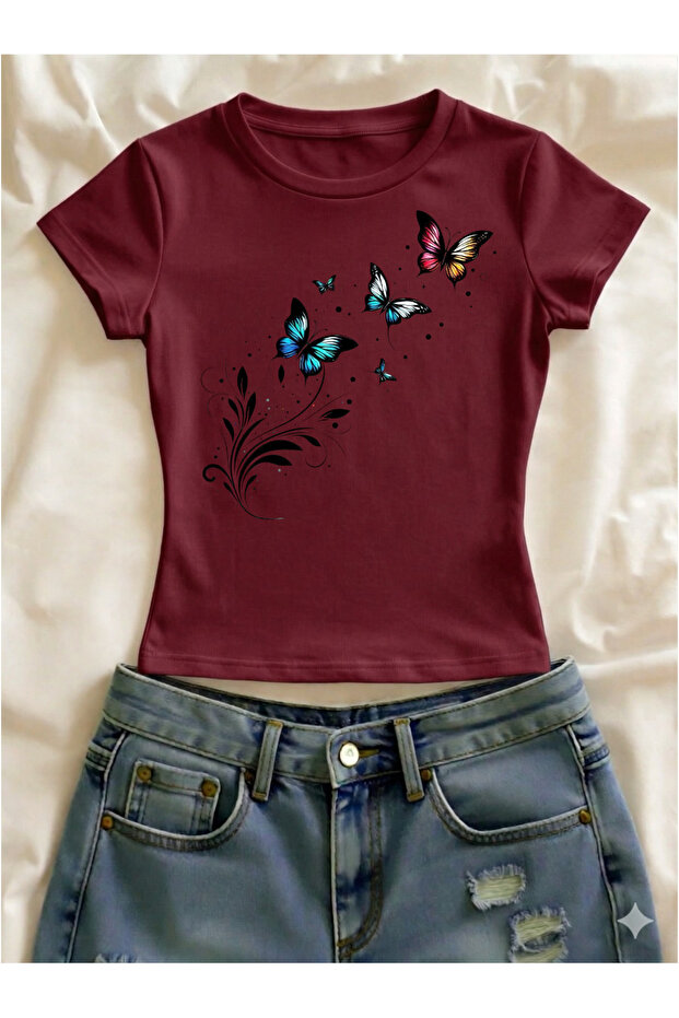 Butterfly Printed Lycra Slim Fit Short Sleeve Crew Neck Tee Crop
