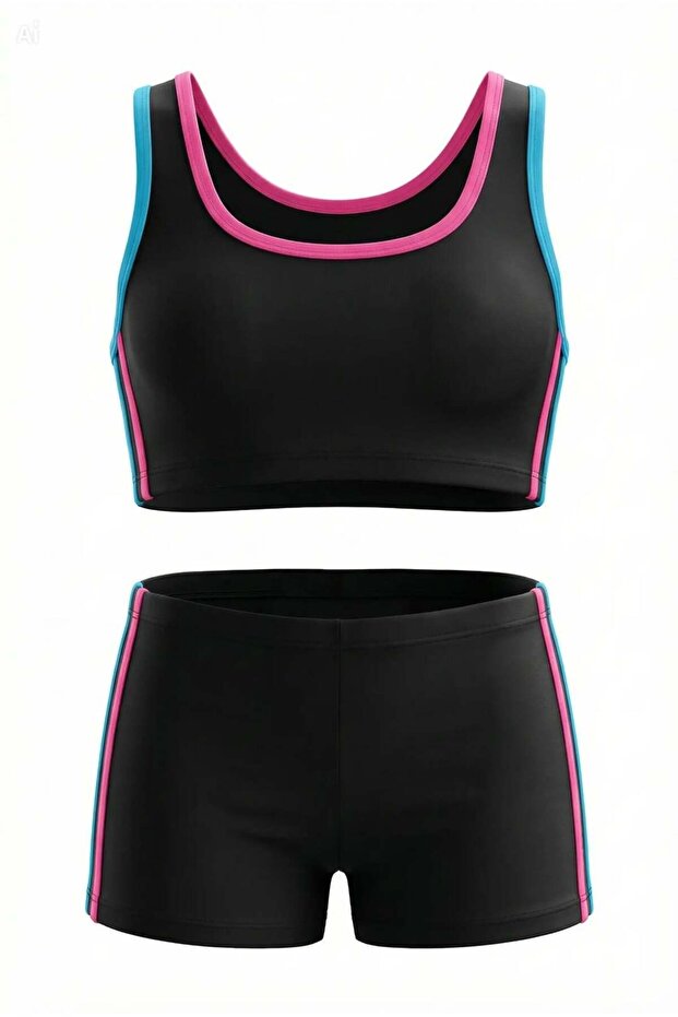 Girl's Black-Pink Bustier Swimsuit with Shorts Bikini Set