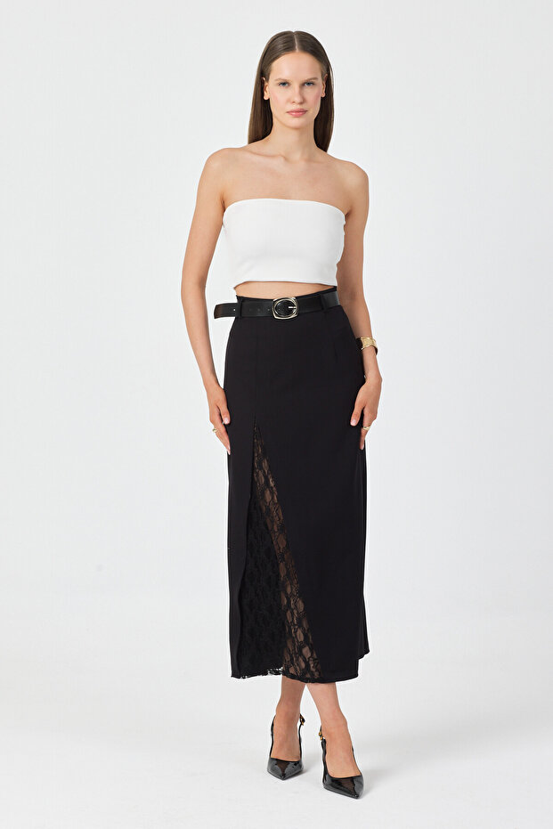 Women's Black Long Skirt with Slits and Lace Details
