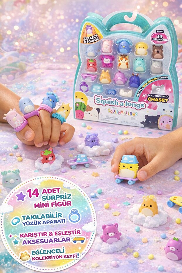 Squishmallows Squish-A-Longs 14 Figure Ring Set Series 2 Surprise Mini Figure Toy with Accessory