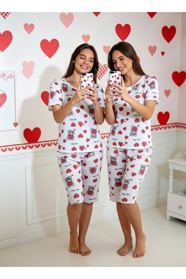 Crew Neck Capri Shorts White Color Heart Teddy Bear Pattern Summer Fabric Women's Pajama Set