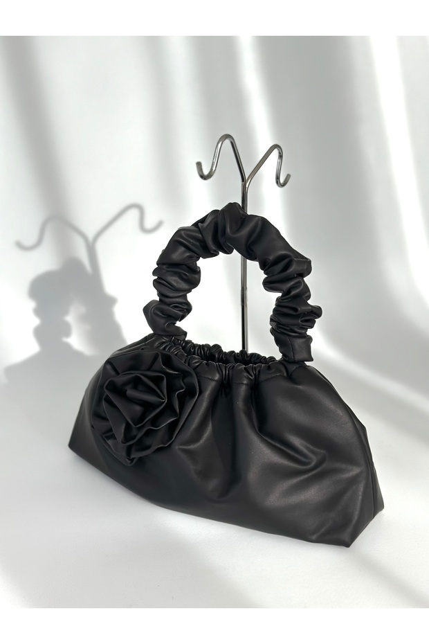 Black Faux Leather Rose Portfolio Evening Dress Clutch Bag