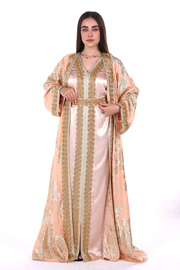 Moroccan embroidered satin kaftan dress with a waist belt