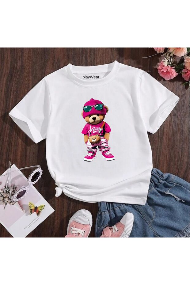 Pink Bear Printed 100% Cotton Crew Neck Kids Unisex T-Shirt 5 6 -7 8-9 10 -11 12 Years Old