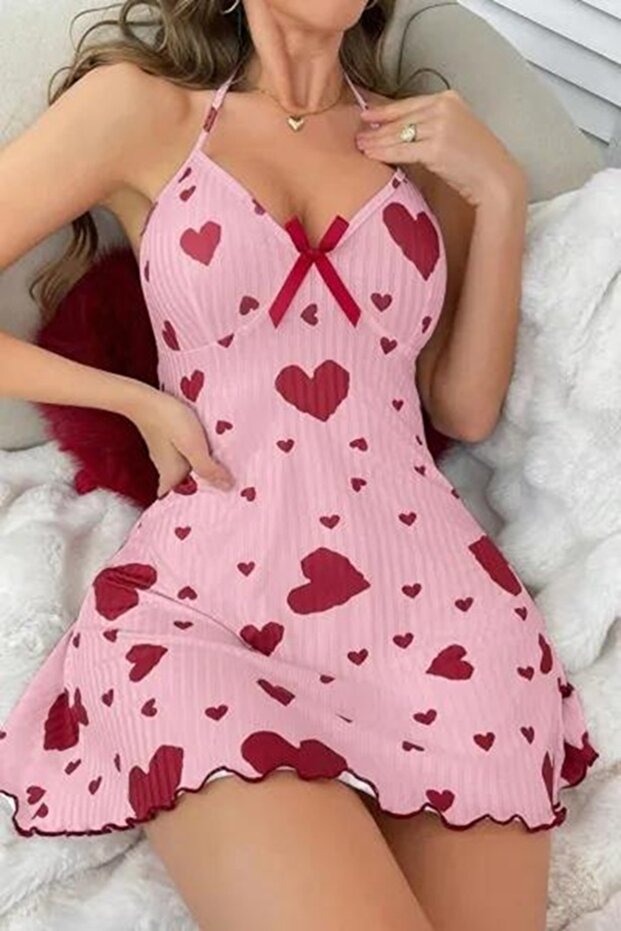 Pink Heart Patterned Thin Strap Cotton Women's Nightgown