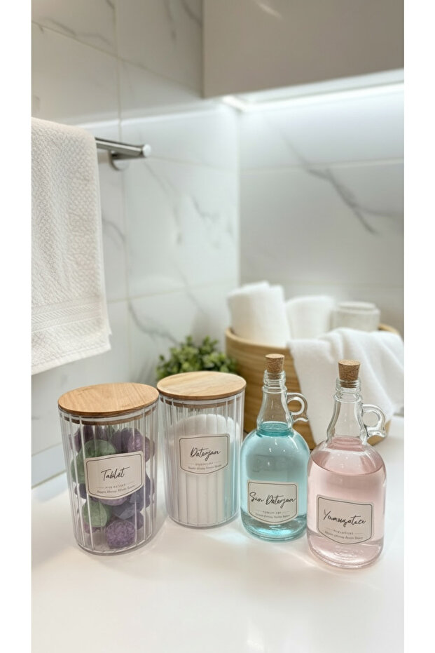 4-Piece Oval Detergent & Tablet Jar with Wooden Lid 2300ml - Softener and Liquid Detergent Bottle 1000ml